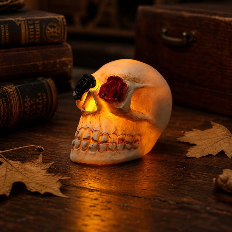 Skull Rose Lamp - Halloween Gothic Resin Table Light with Warm Candle Glow - Variation #359C