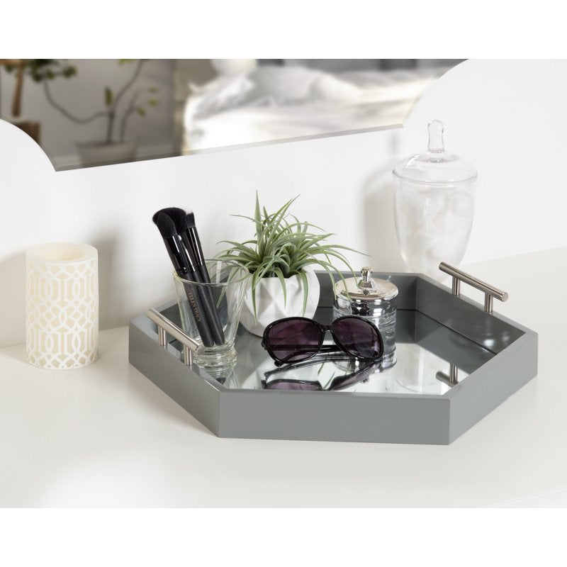 Hexagon Decorative Mirrored Tray with Metal Handles - Gray