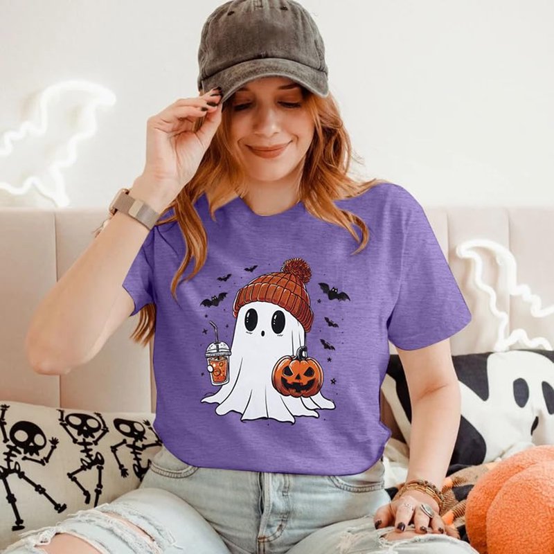 Purple Halloween Ghost Pumpkin T-Shirt for Women Cute Coffee Lover Graphic Tee - Small