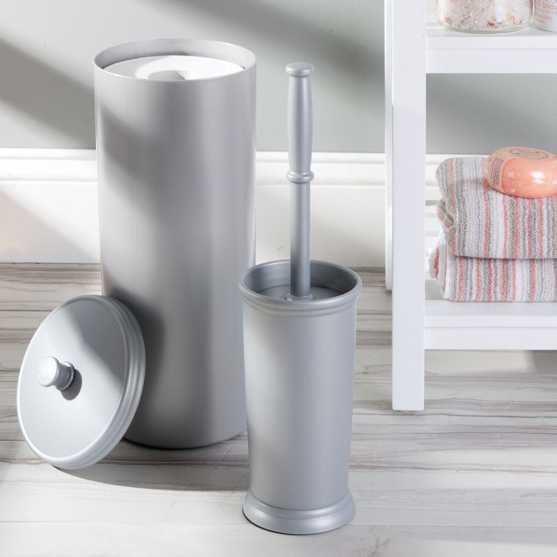 Toilet Bowl Brush and Holder Set - Silver, Compact Bathroom Storage