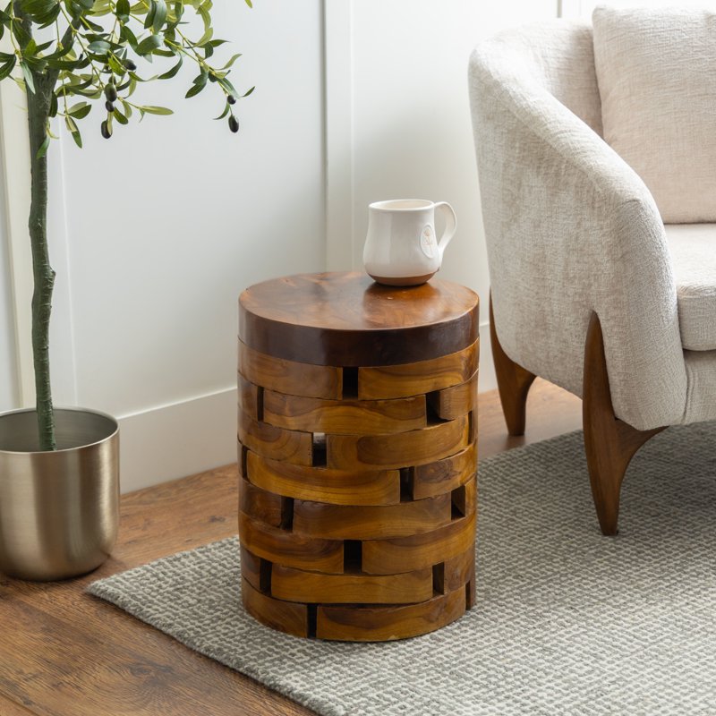 Handmade Teak Wood Round Accent Table - 14" x 18"