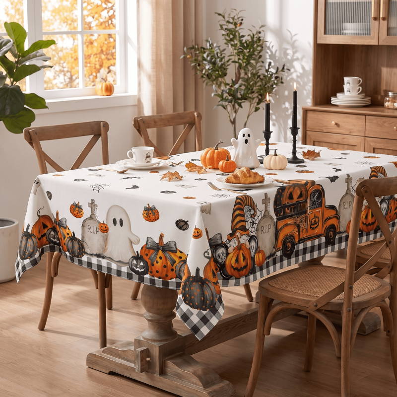 Halloween Tablecloth 60x120 Inch Bat Pumpkin Plaid Wrinkle-Resistant & Machine Washable