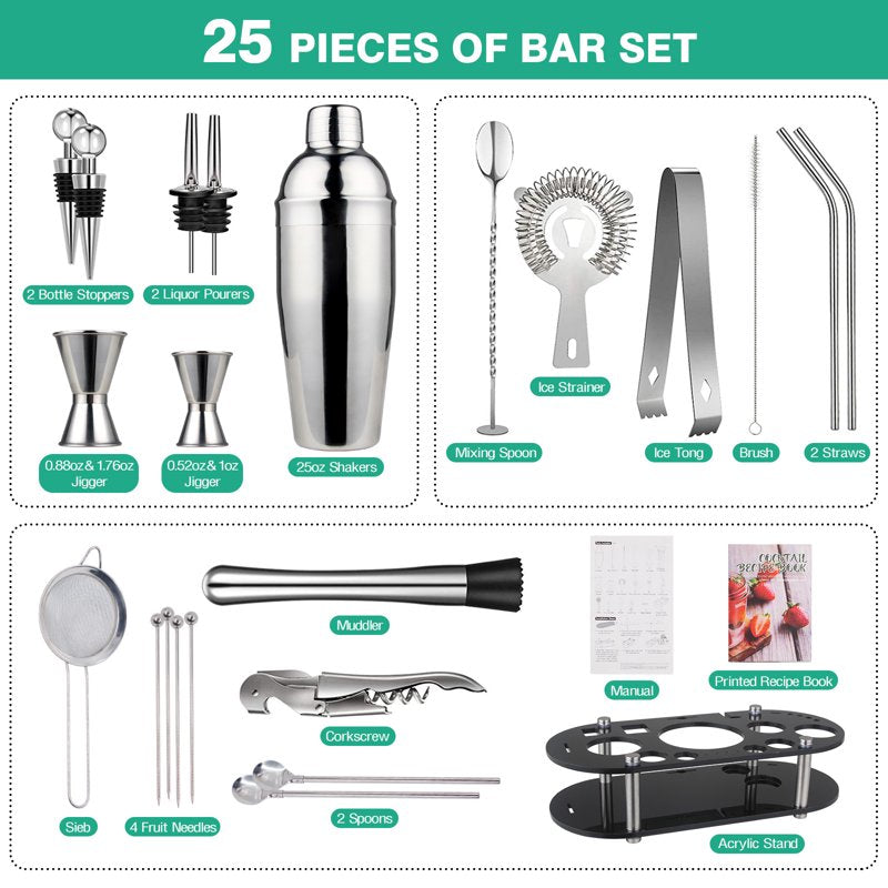 Silver 25-Piece Cocktail Shaker Set with Acrylic Stand - Bar Tools & Mixology Kit