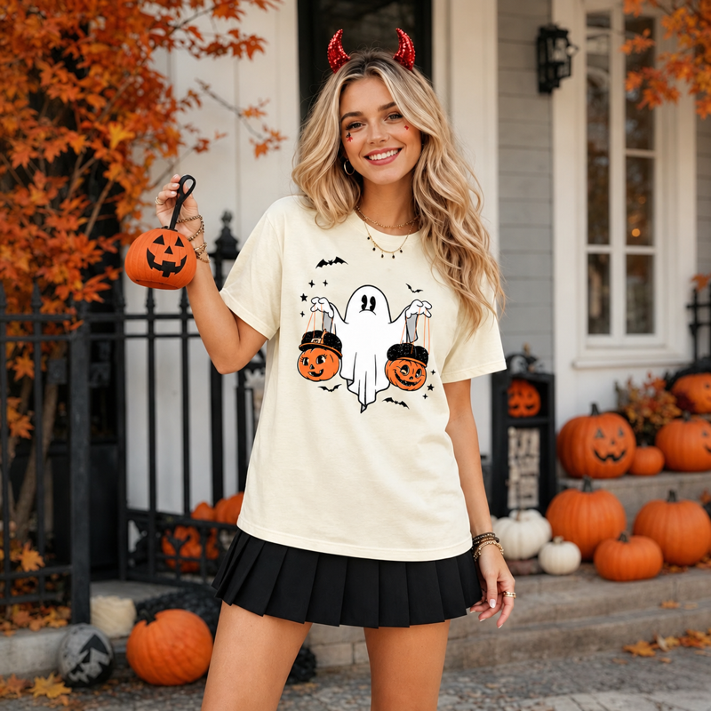 Halloween Pumpkin T-Shirt for Women Apricot XXL Ghost Book Lover Graphic Tee