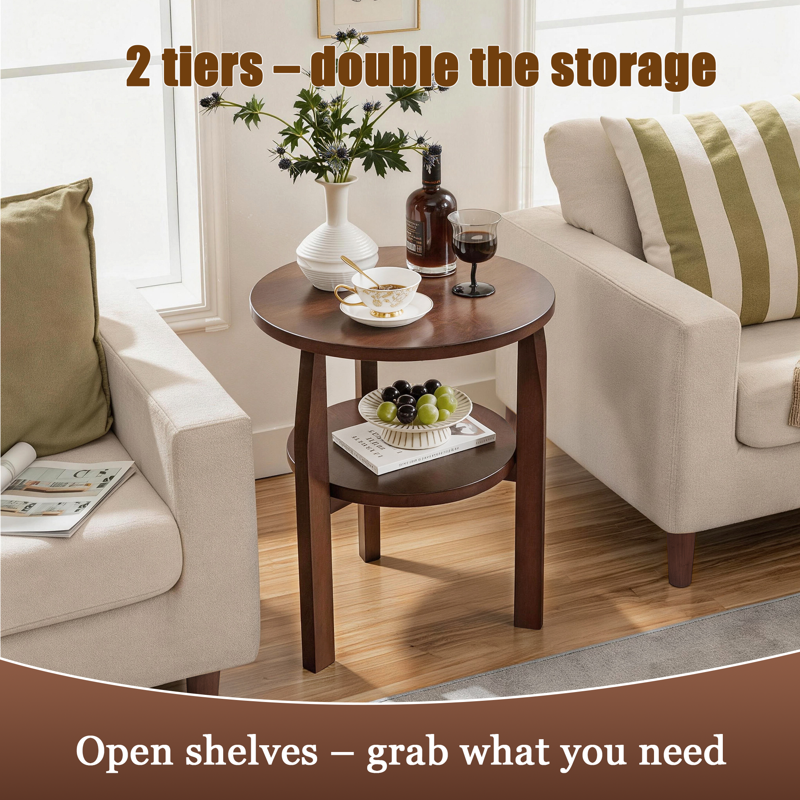 Solid Rubberwood Round End Table with 2-Tier Storage Shelf - Walnut