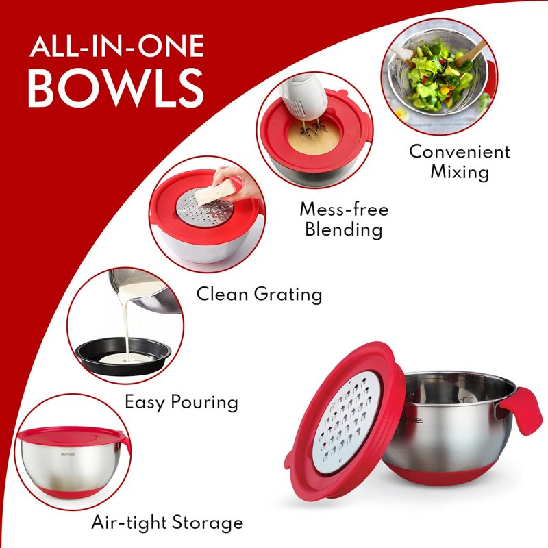 Stainless Steel Mixing Bowls Set of 3 with Airtight Lids