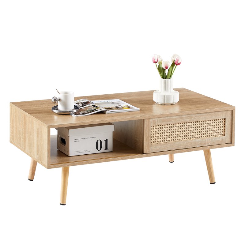 Modern MDF Coffee Table with Rattan Storage - Walnut