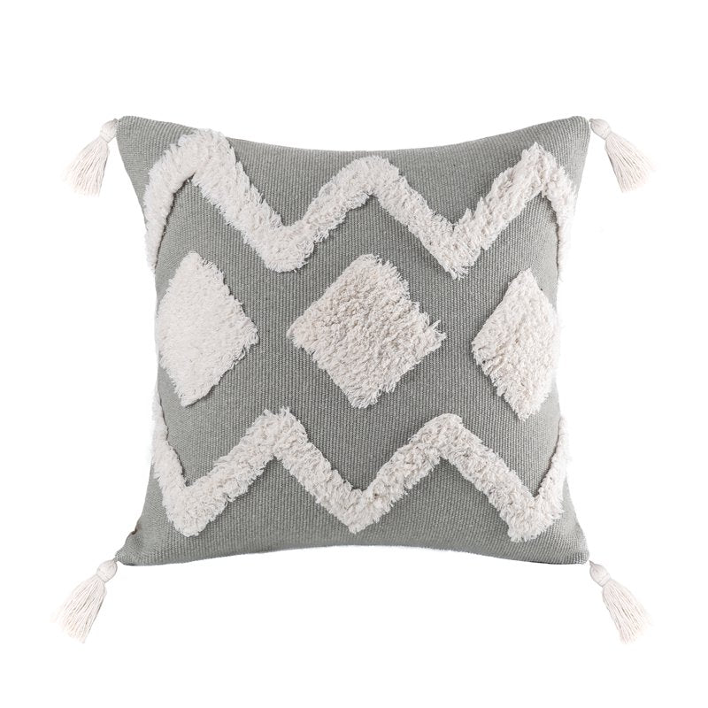 Decorative Boho Woven Tufted Throw Pillow Cover - 18x18 Inches, Gray White, Geometry Variation