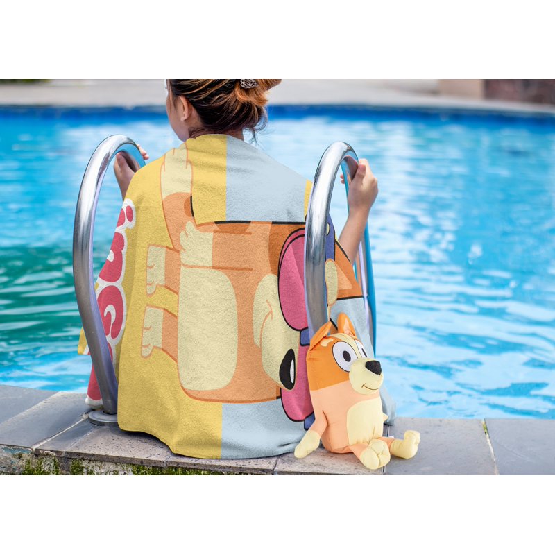 Kids Beach Towel Set with Cartoon Beach Buddy - 28x58in Cotton & 12in Polyester, Orange and Yellow