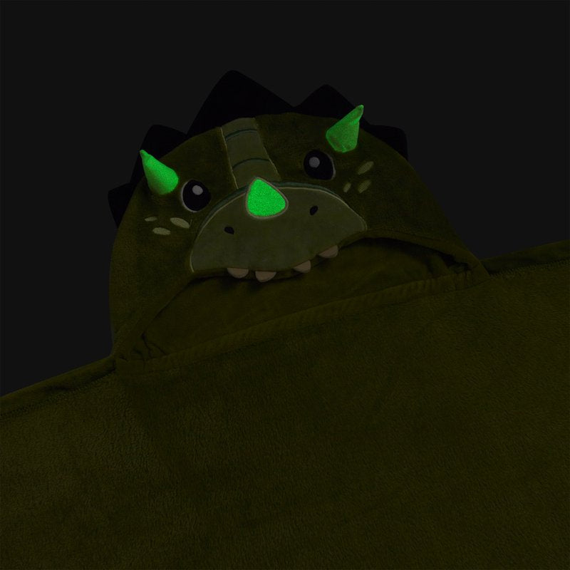 Kids Hooded Throw Blanket - Green Dinosaur, 40x50 Inches, Glow-in-the-Dark