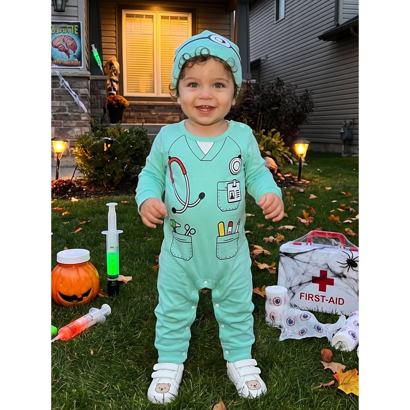 Green Toddler Doctor Costume Romper & Hat Set - 6-12 Months Baby Dress Up