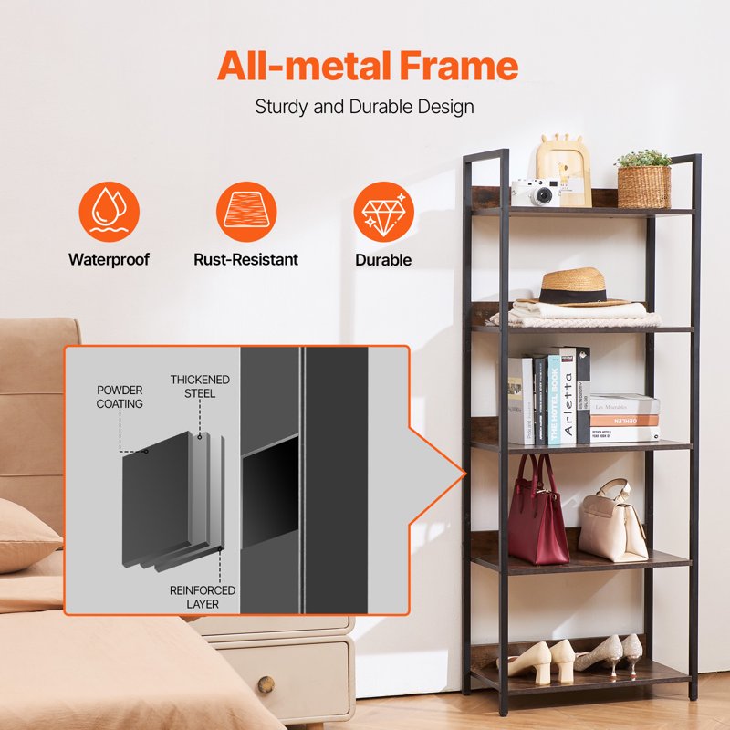 5-Tier Metal Bookcase - Industrial-Style Shelving Unit