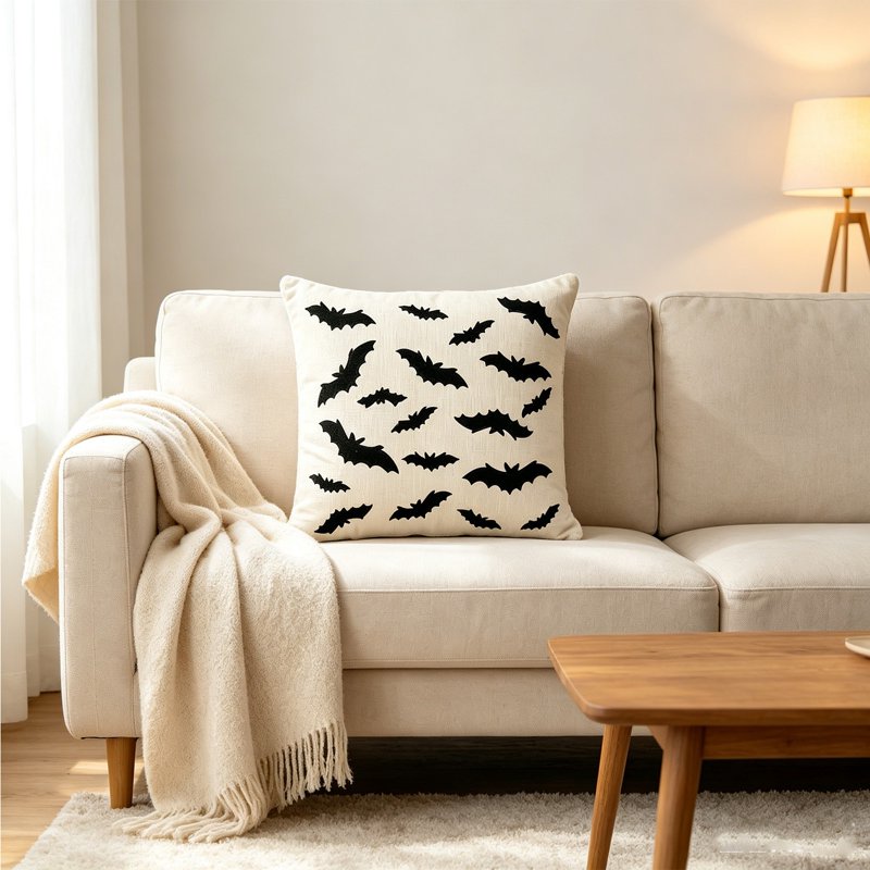 Halloween Ghost Throw Pillow Cover 18x18 Inch - White Plush Faux Fur Cushion Case with Halloween Embroidery - Variation H-B