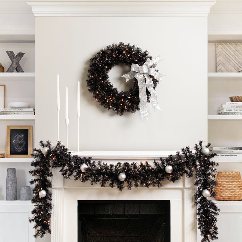 24-Inch Black Pre-Lit Halloween Tinsel Wreath with Clear Lights - Indoor Outdoor Decor
