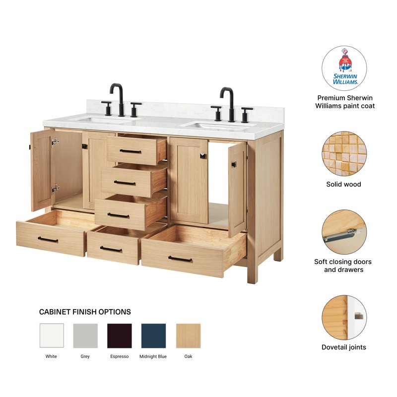 Bathroom Vanity with Sink - 60 Inch Solid Wood with Carrara Quartz Top - Natural Oak Finish