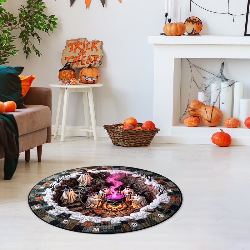 Halloween Round Rug 50cm Optical Illusion Ghost Pumpkin Skull Doormat - Variation 3