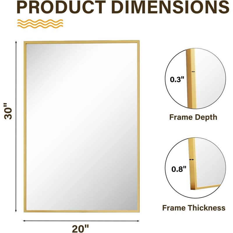 Bathroom Wall Mirror 30x20 Inch Rectangular Vanity Mirror with Metal Frame - Gold