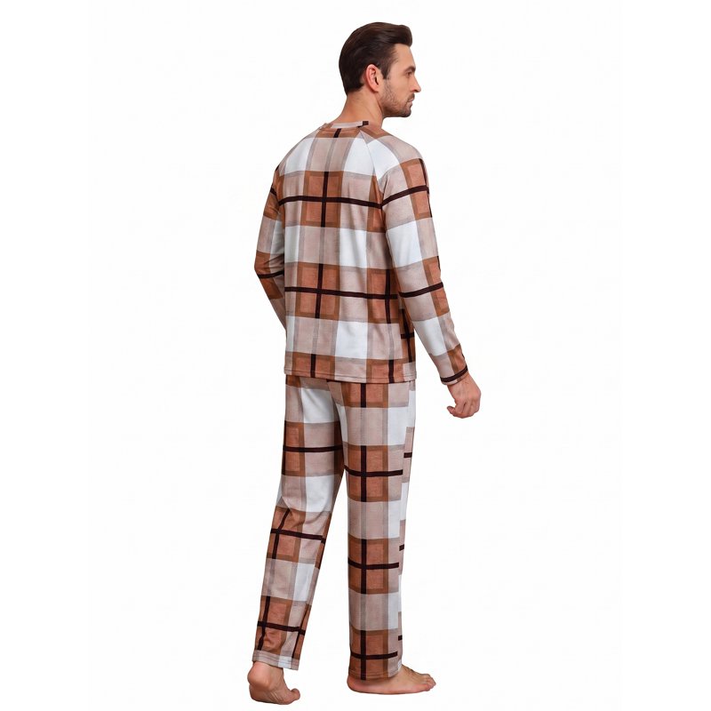 Men's Brown White Plaid Couple Pajama Sets - Soft Sleepwear with Pockets