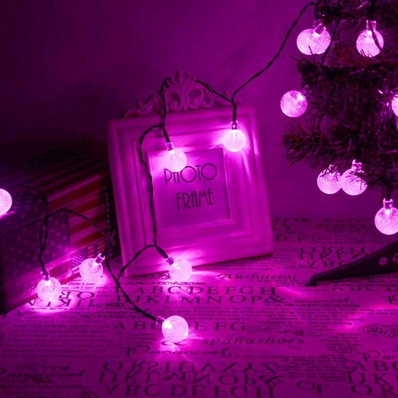 12M Pink Solar Crystal Ball String Lights Waterproof 8 Mode Globe Fairy Lights