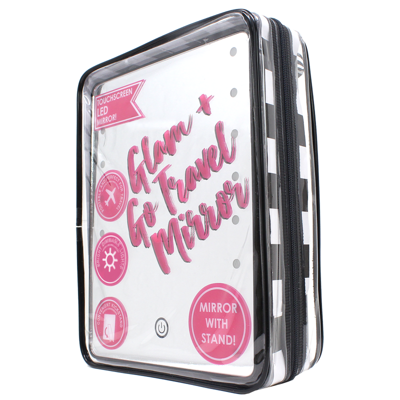 LED Travel Makeup Mirror with Dimmable Lights, Kickstand and Storage Bag
