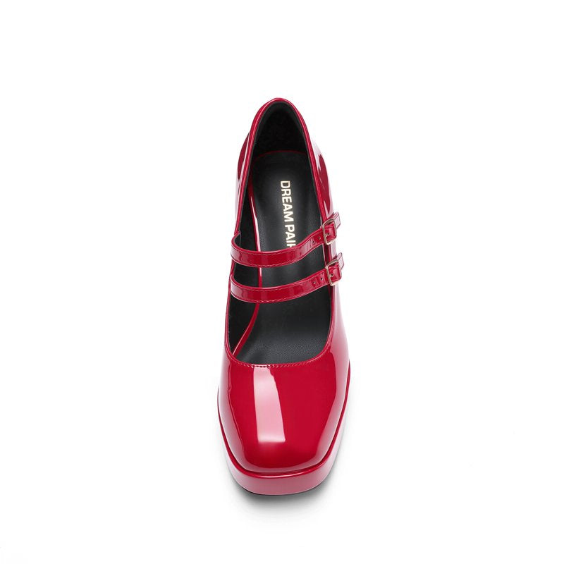 Red Women's Y2K Double Strap Platform Mary Jane Heels with Square Toe & Chunky Heel - Size 9.5