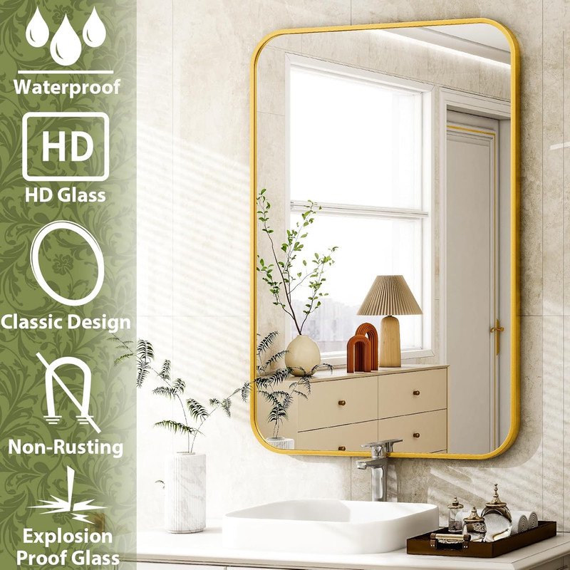 20x28 Inch Gold Bathroom Mirror - Rounded Edge Wall Mount Vanity Mirror