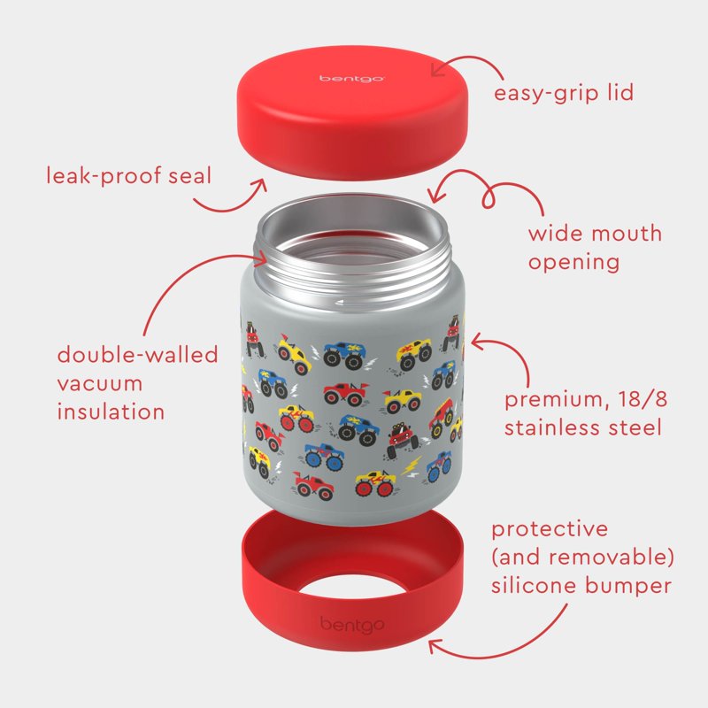 Stainless Steel Food Jar for Kids - 11 oz Leak-Proof Container, Trucks