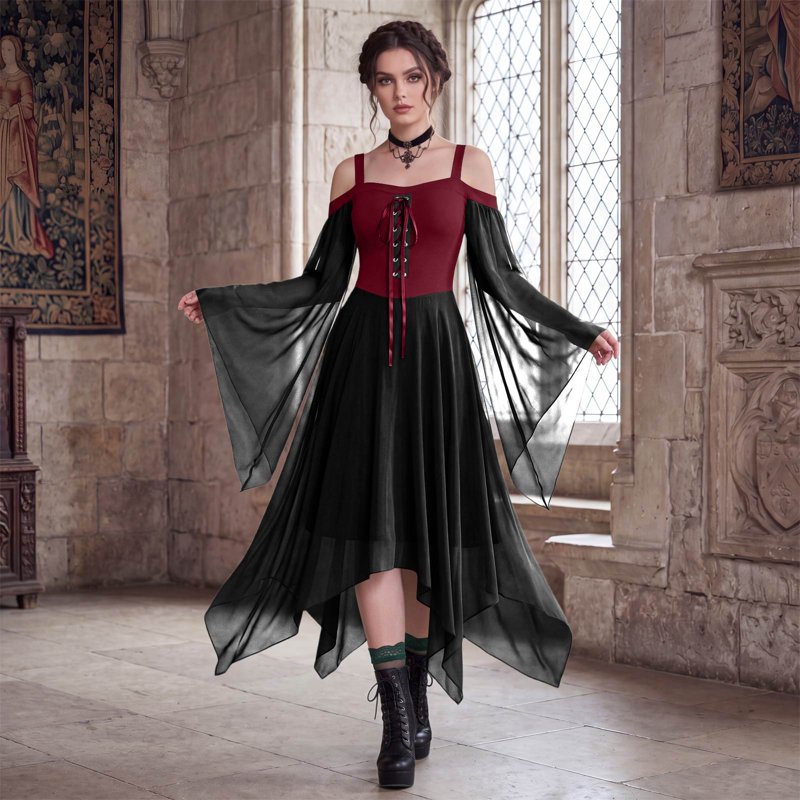 Women’s Gothic Witch Costume Dress - Renaissance Medieval Vampire Deep Red 3XL Variation