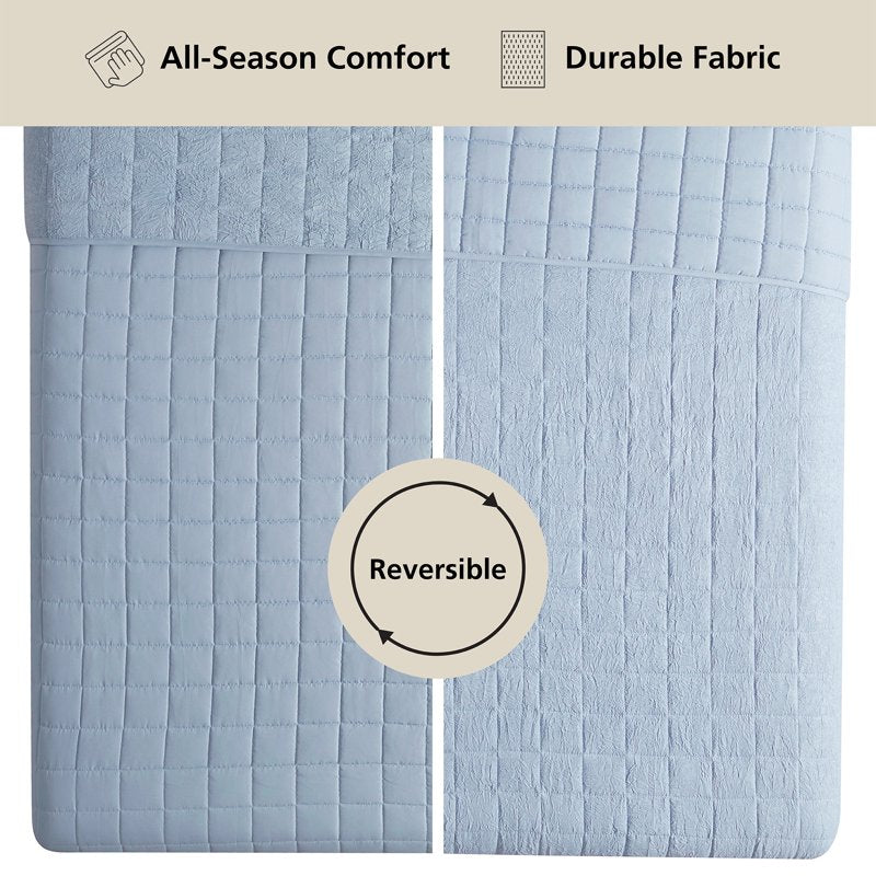 King Blue Crinkle Quilt - Microfiber Bedding, Lightweight, Machine Washable