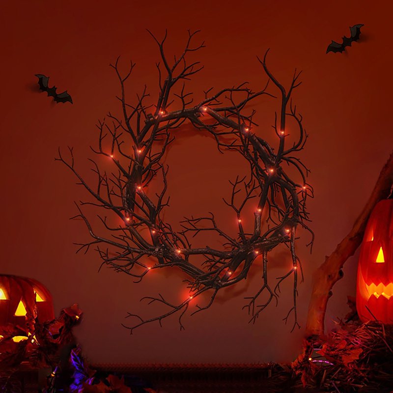 Halloween Black Branch Wreath with Red Lights for Front Door Indoor Outdoor Decor