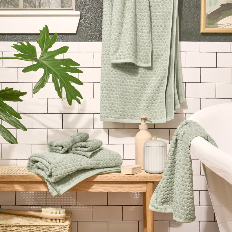 Bath Towel Set 6-Piece Dot Textured Cotton Towels in Sage Green - Soft & Absorbent