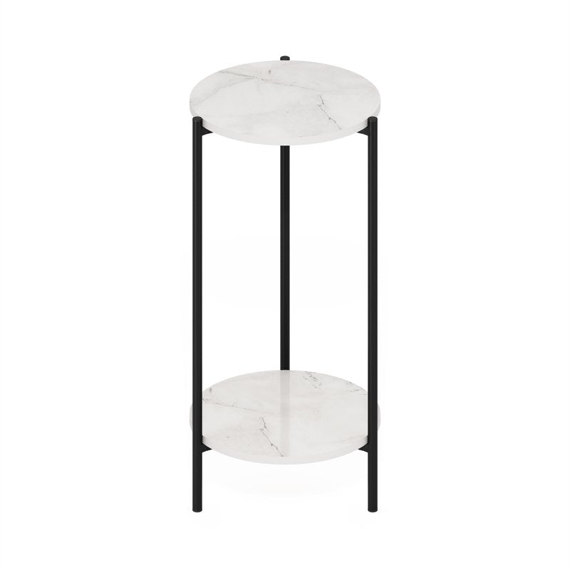 Modern Round Side End Table - 2-Tier with Sturdy Metal Legs, Marble White