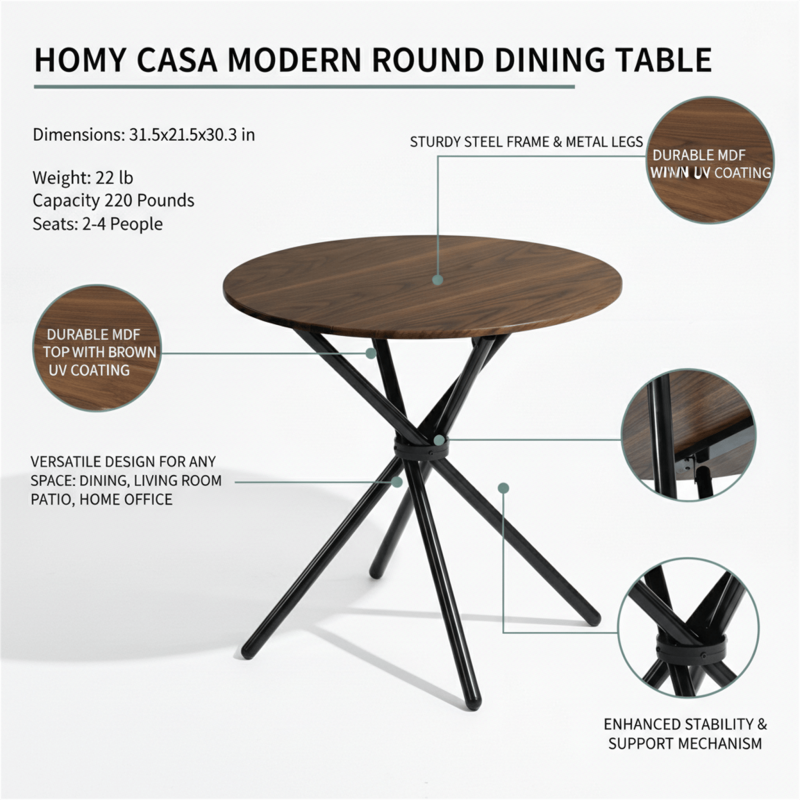 31.5" Round Dining Table for 2-4 - Dark Brown, Metal Base