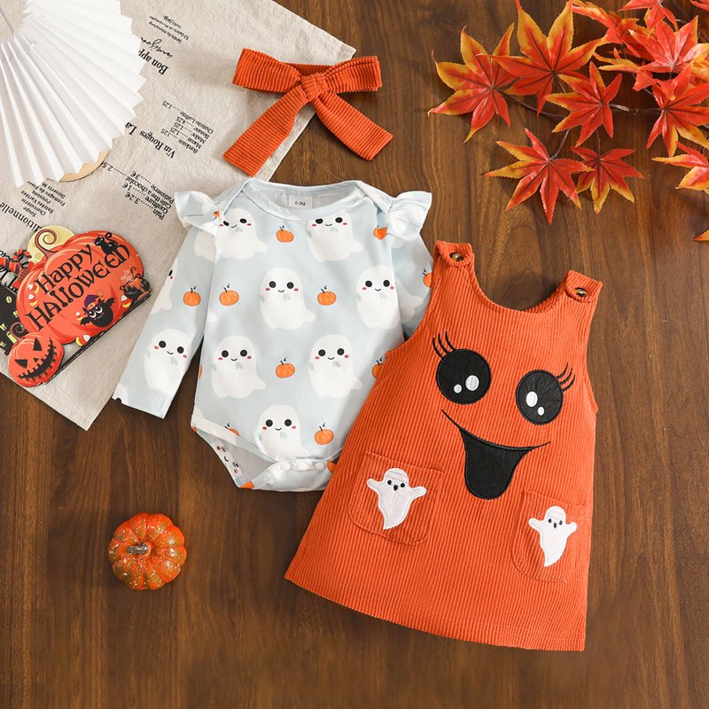 Halloween Baby Girl Outfit A13-Orange Ruffle Romper & Overalls Set - 0-3 Months