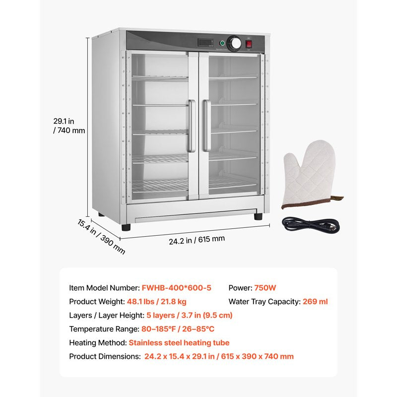 5-Tier Commercial Food Warming Cabinet - Stainless Steel Hot Box with Water Tray