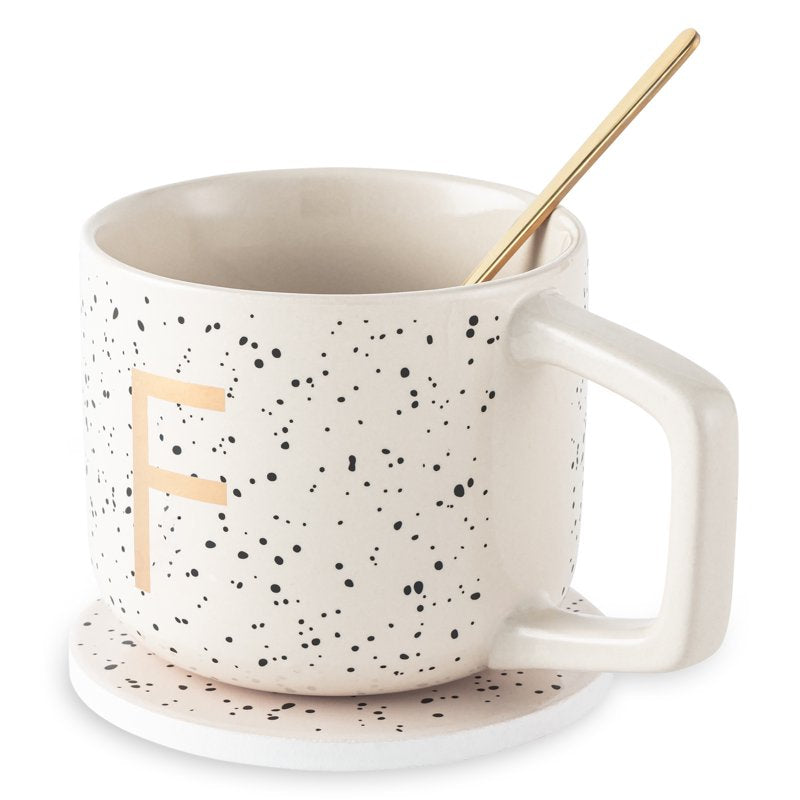 Monogram F Stoneware Coffee Mug Set with Coaster & Stir Spoon