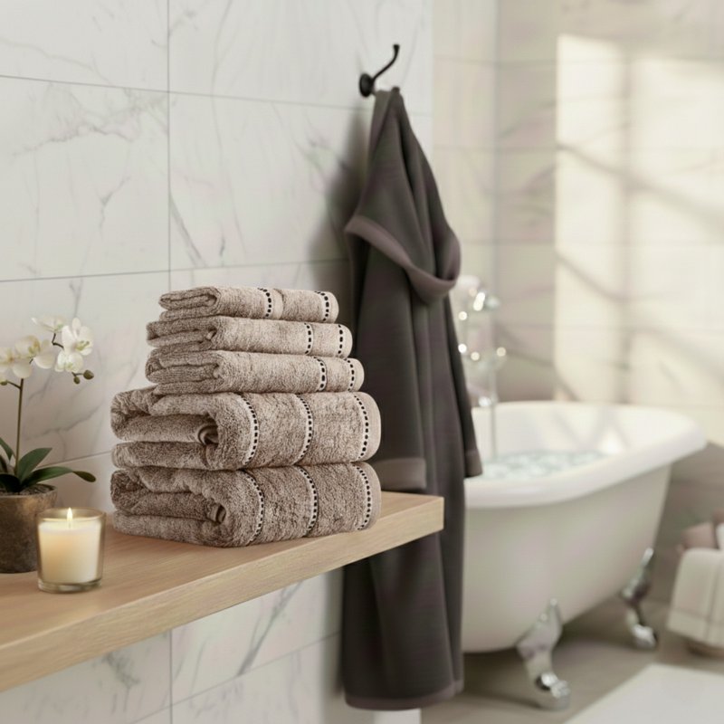 6-Piece Quick Dry Cotton Bath Towel Set with Taupe Accents - Spa & Gym Towels