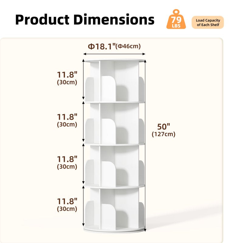 360° Rotating Bookshelf - 4 Tier White Bookcase Storage Rack