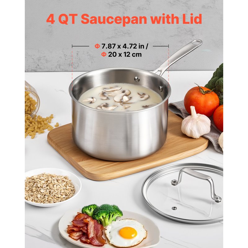 4 QT Stainless Steel Saucepan with Glass Lid - Induction & Oven Safe Pot