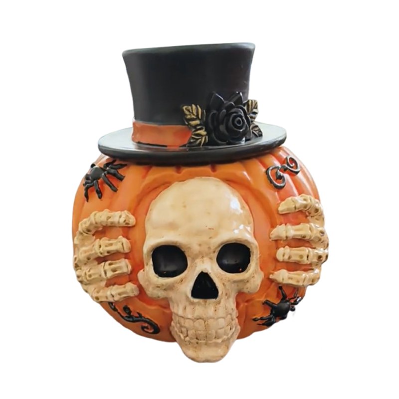 Liamobondopolis Halloween Skeleton Pumpkin Candy Jar with Black Top Hat & Spider - Variation #020