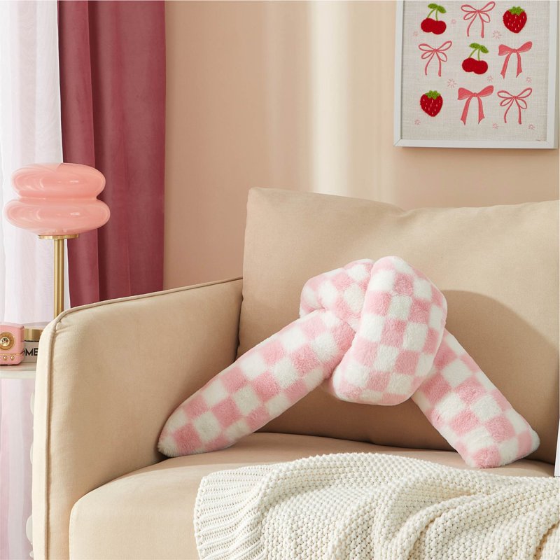 Mainstays Pink Checkered Knot Faux Fur Body Pillow 22x11 Inches - Pink & White Check Variation