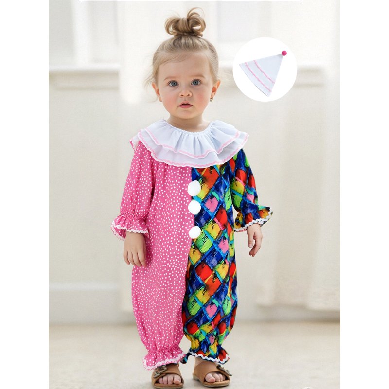 Kids Toddler Baby Girl Boy Halloween Clown Costume Romper & Hat Set - Pink White 3-4 Years