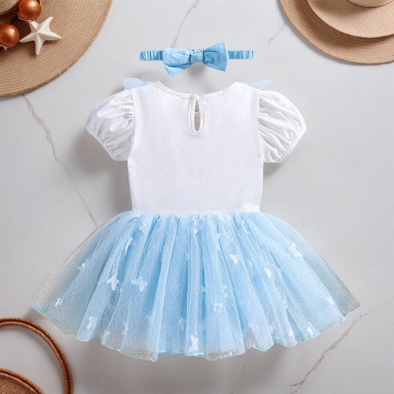 Blue White Stitching Baby Girl Princess Dress & Headband Set 6-12 Months