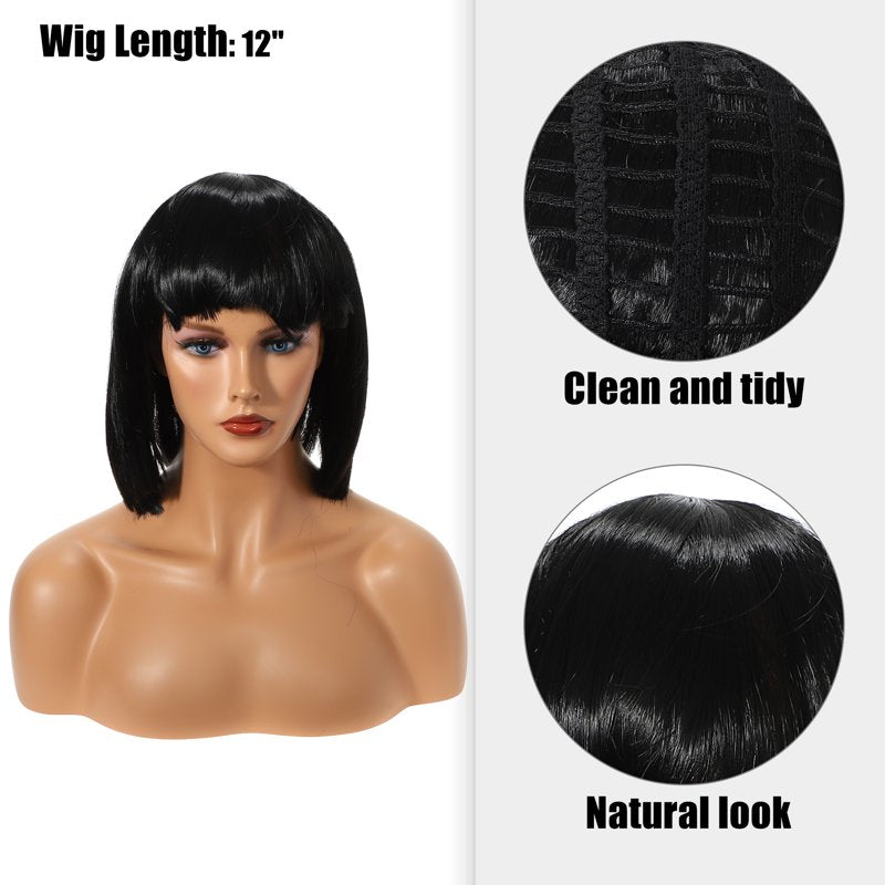 12-Inch Black Bob Wig for Women - Natural Human Hair Look