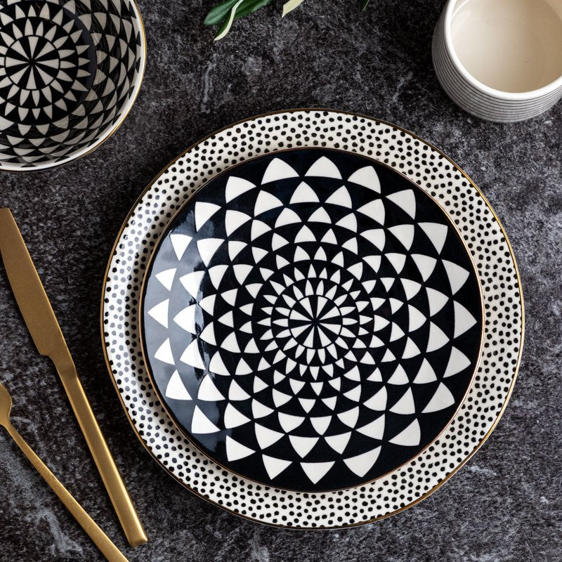 Ceramic Salad Plates - Black & White Medallion Design, 2 Pack