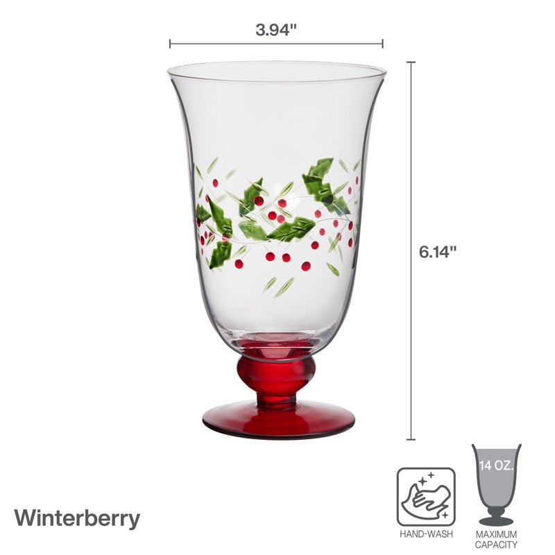 Winterberry Water Goblet - 14 oz Clear Glass with Green & Red Accents