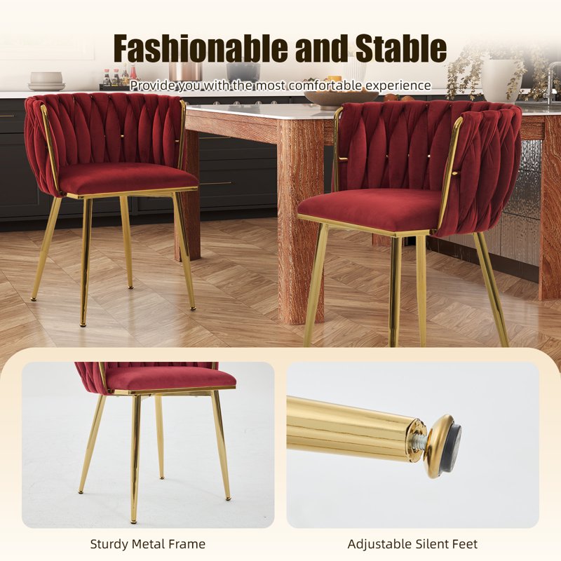 Velvet Dining Chairs Set of 6 with Metal Legs - Wine Red