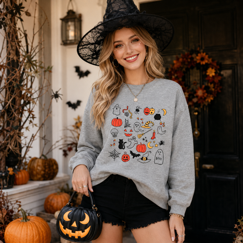 Women’s Halloween Pumpkin Ghost Graphic Sweatshirt - Gray, L