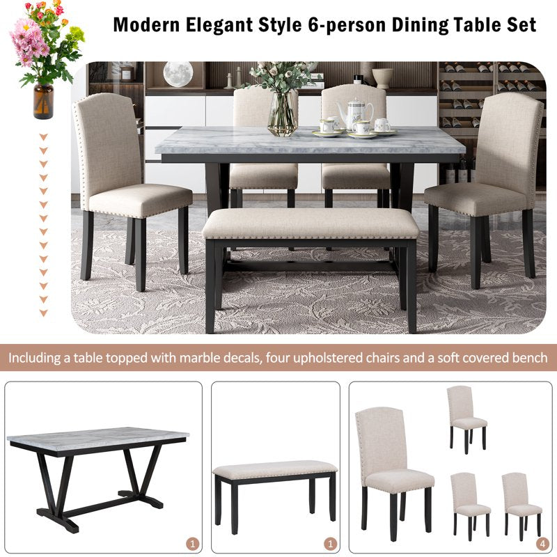 6-Piece Dining Table Set for 6 - Rectangular Kitchen Table with Upholstered Chairs and Bench