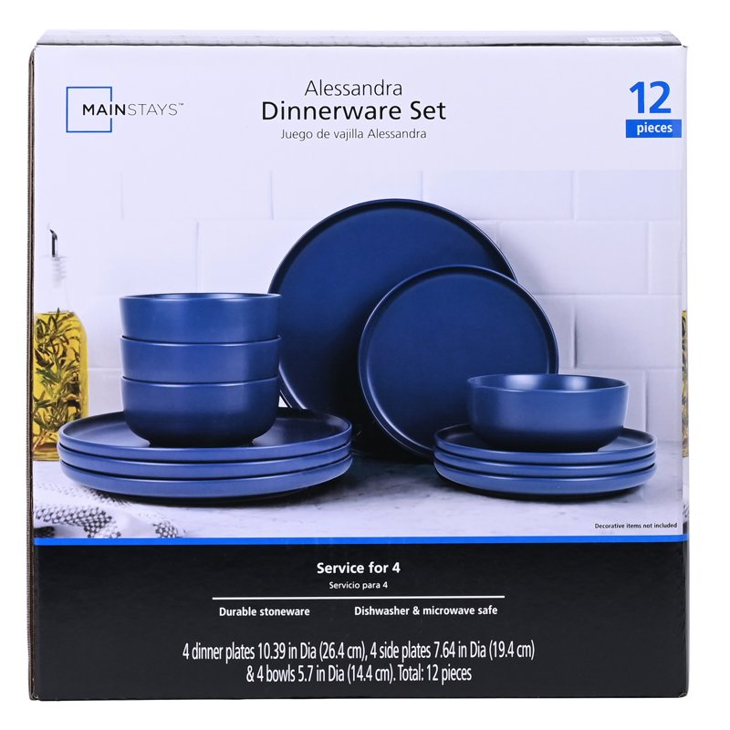 12-Piece Stoneware Dinnerware Set - Round Matte Washed Indigo